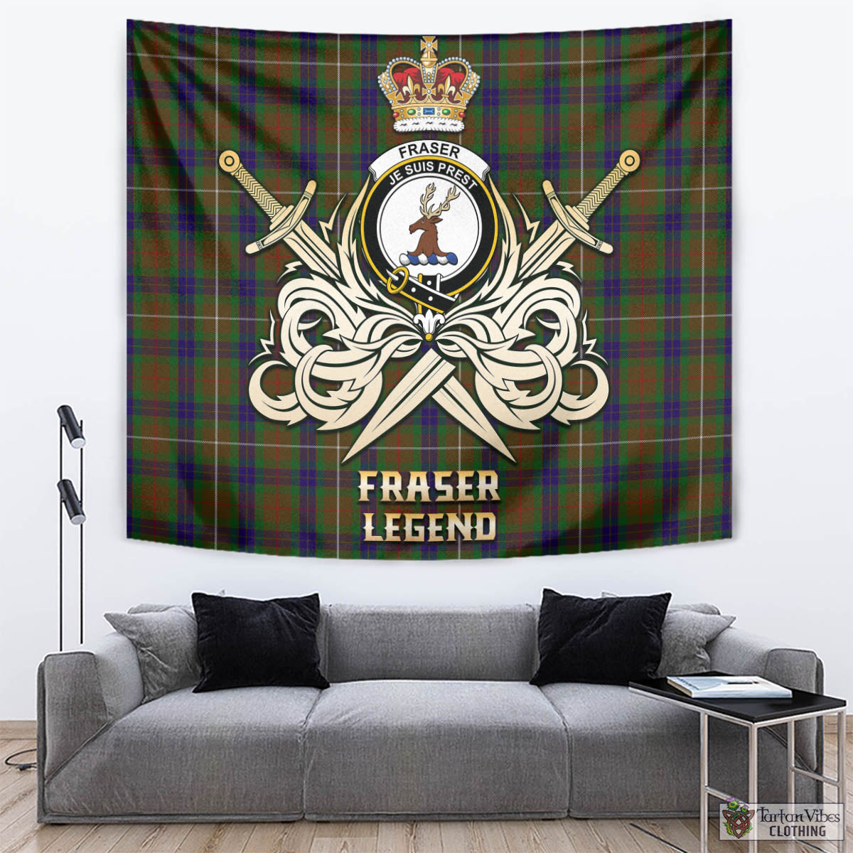 Tartan Vibes Clothing Fraser Hunting Tartan Tapestry with Clan Crest and the Golden Sword of Courageous Legacy