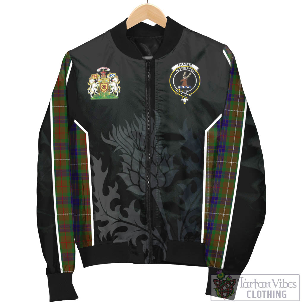 Tartan Vibes Clothing Fraser Hunting Tartan Bomber Jacket with Family Crest and Scottish Thistle Vibes Sport Style