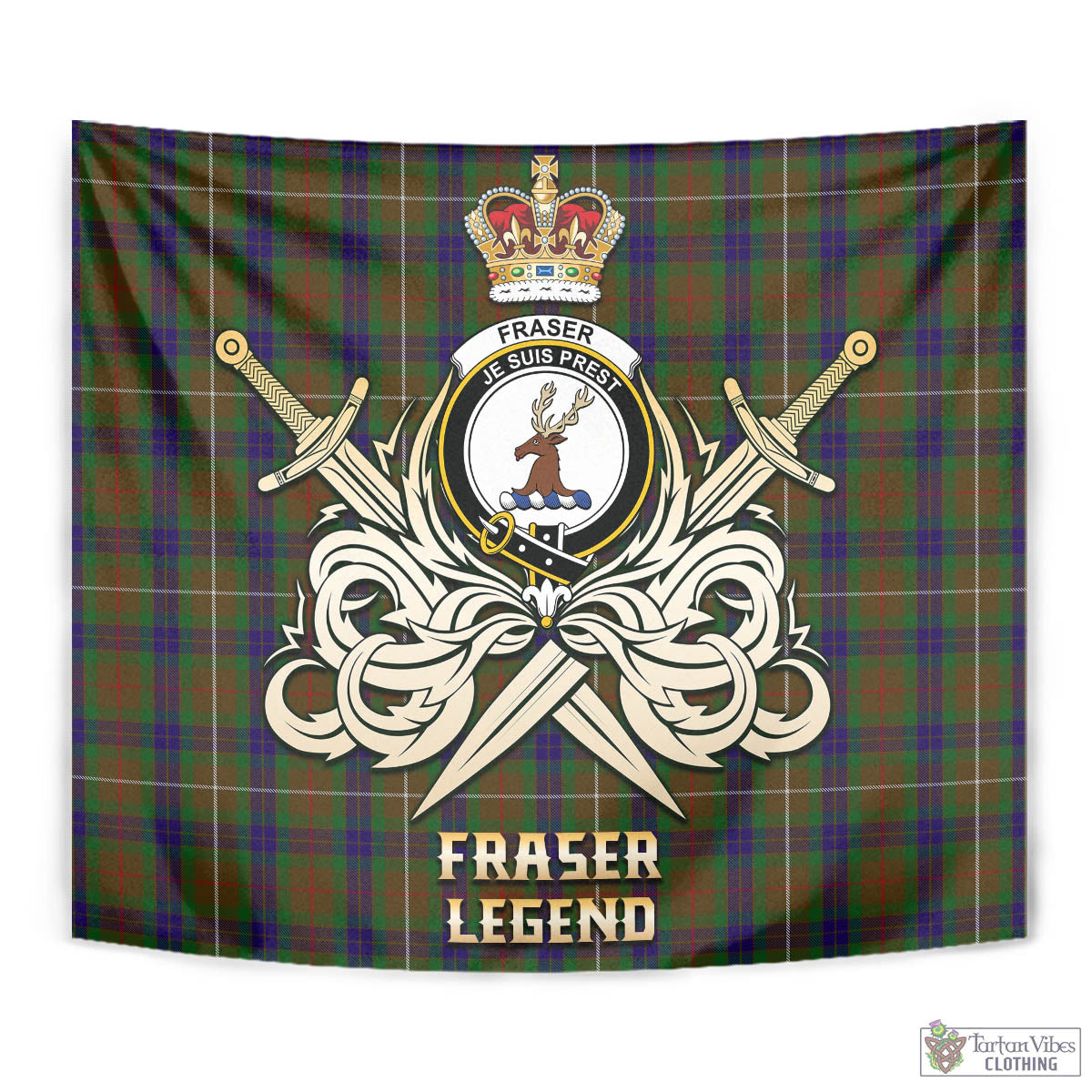 Tartan Vibes Clothing Fraser Hunting Tartan Tapestry with Clan Crest and the Golden Sword of Courageous Legacy