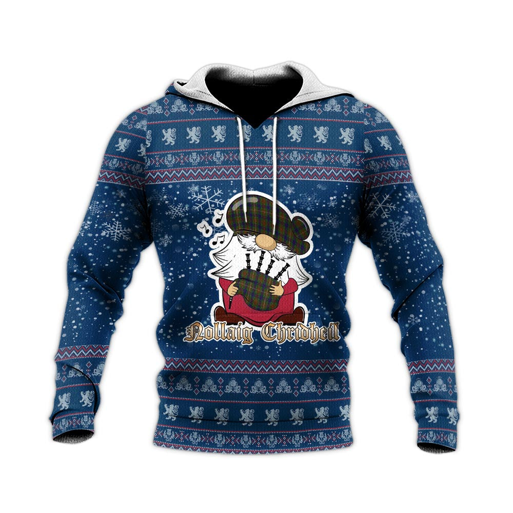 Fraser Hunting Clan Christmas Knitted Hoodie with Funny Gnome Playing Bagpipes - Tartanvibesclothing