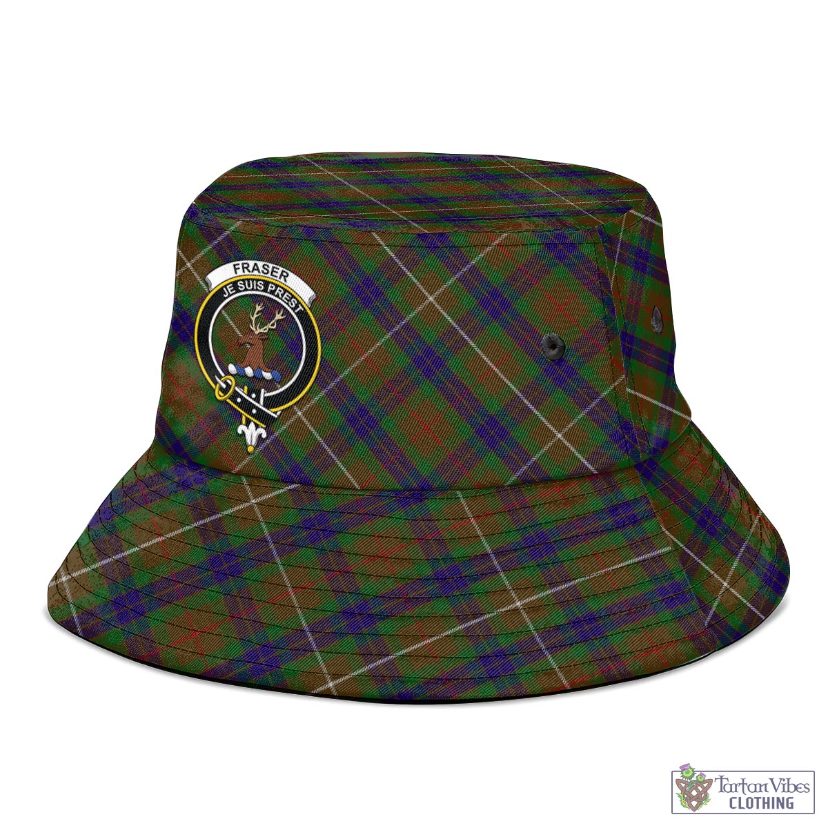 Tartan Vibes Clothing Fraser Hunting Tartan Bucket Hat with Family Crest