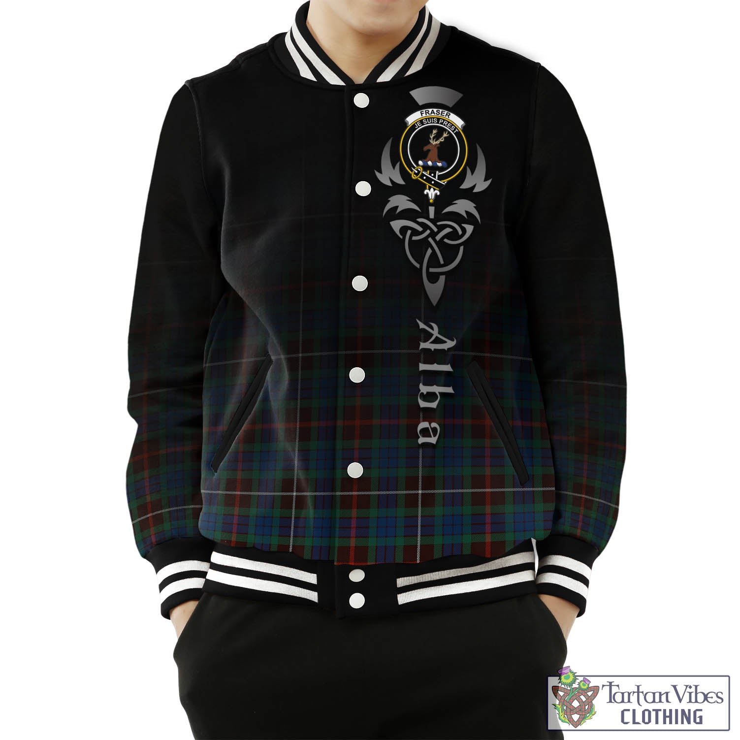 Tartan Vibes Clothing Fraser Hunting Ancient Tartan Baseball Jacket Featuring Alba Gu Brath Family Crest Celtic Inspired