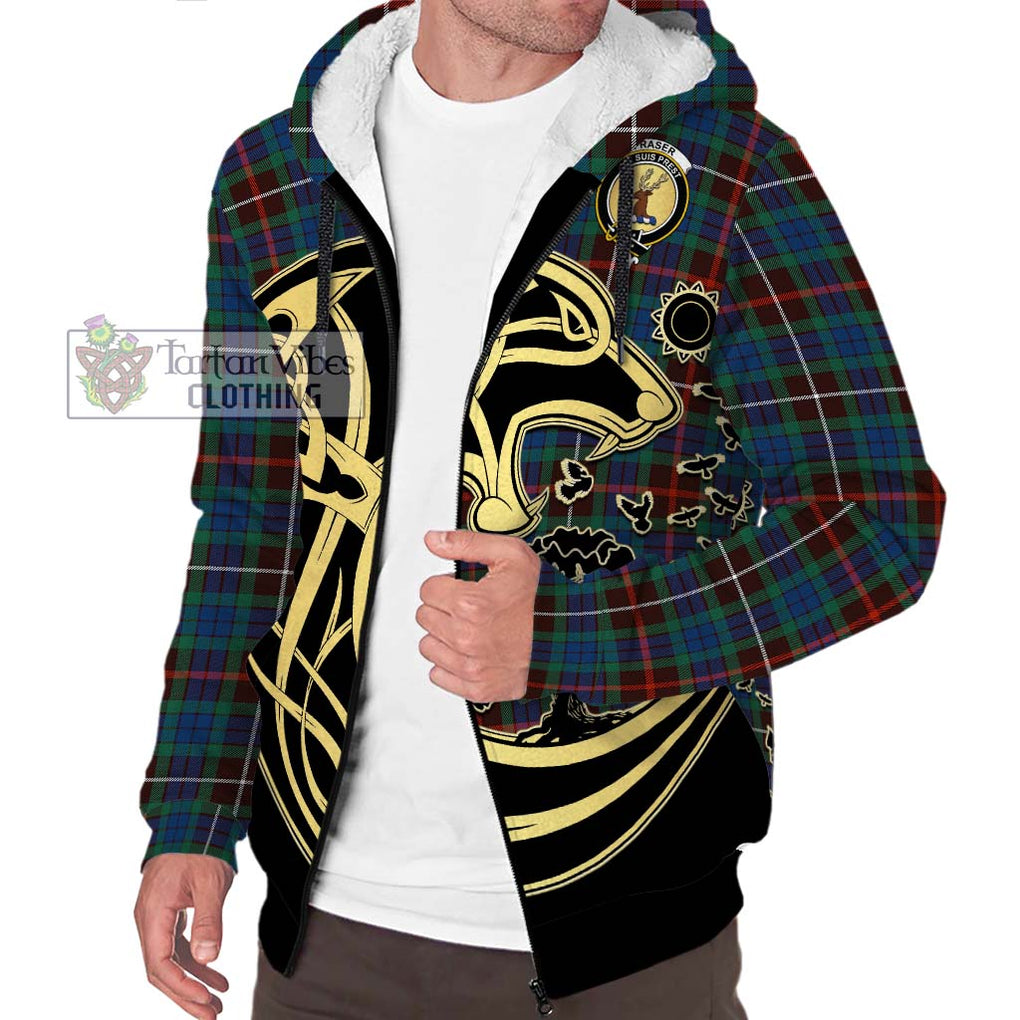 Fraser Hunting Ancient Tartan Sherpa Hoodie with Family Crest Celtic Wolf Style Unisex S - Tartan Vibes Clothing