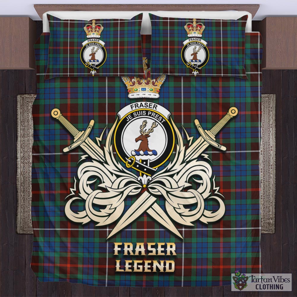 Tartan Vibes Clothing Fraser Hunting Ancient Tartan Bedding Set with Clan Crest and the Golden Sword of Courageous Legacy