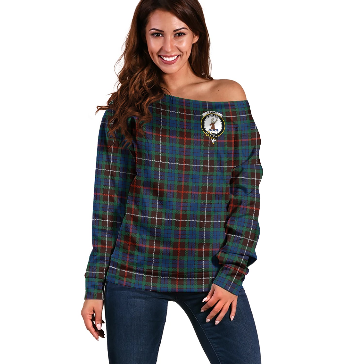 Fraser Hunting Ancient Tartan Off Shoulder Women Sweater with Family Crest Women - Tartanvibesclothing