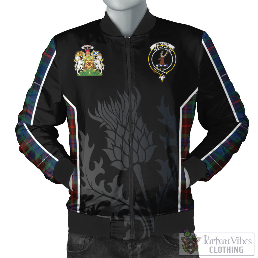 Tartan Vibes Clothing Fraser Hunting Ancient Tartan Bomber Jacket with Family Crest and Scottish Thistle Vibes Sport Style