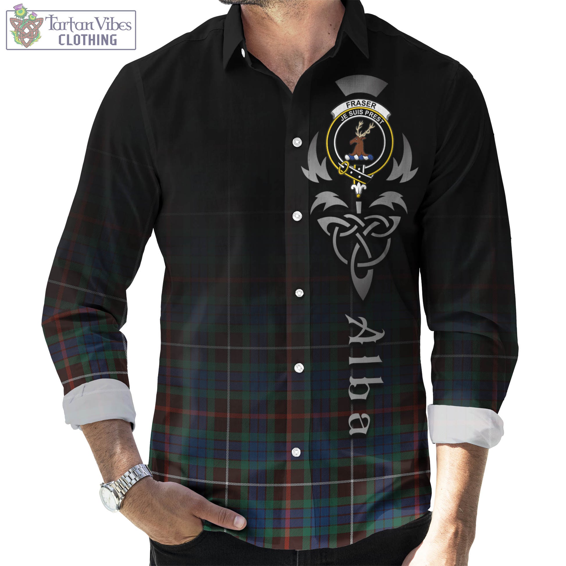 Tartan Vibes Clothing Fraser Hunting Ancient Tartan Long Sleeve Button Up Featuring Alba Gu Brath Family Crest Celtic Inspired