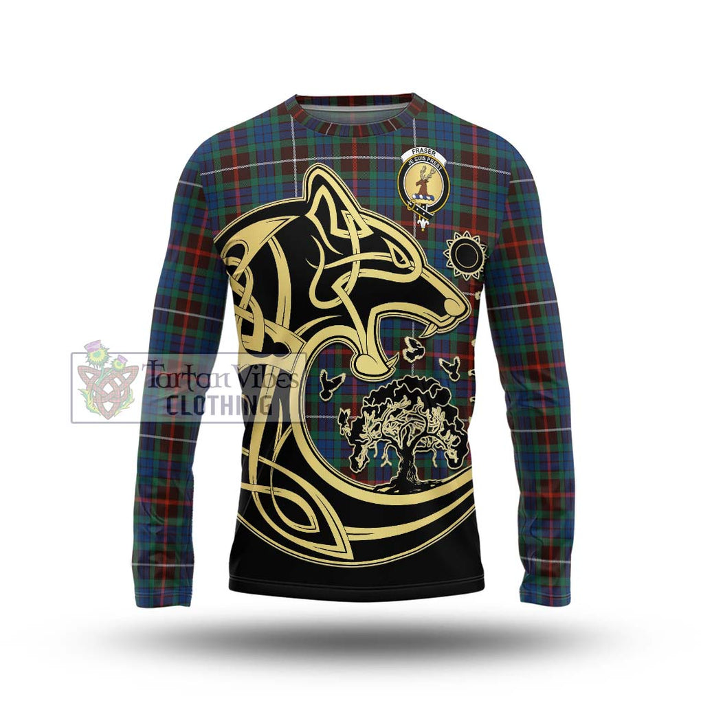 Fraser Hunting Ancient Tartan Long Sleeve T-Shirt with Family Crest Celtic Wolf Style Unisex - Tartan Vibes Clothing