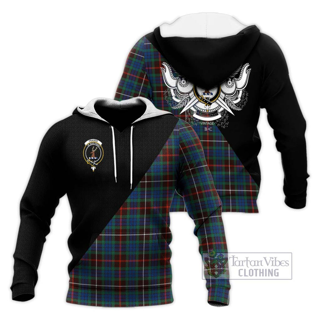 Fraser Hunting Ancient Tartan Knitted Hoodie with Family Crest and Military Logo Style Unisex Knitted Pullover Hoodie - Tartanvibesclothing Shop