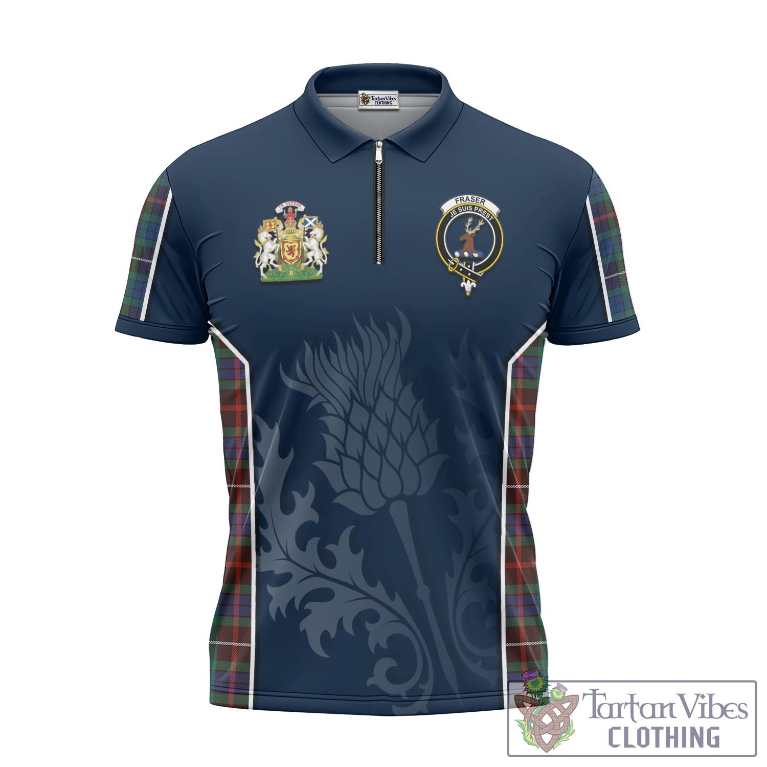 Tartan Vibes Clothing Fraser Hunting Ancient Tartan Zipper Polo Shirt with Family Crest and Scottish Thistle Vibes Sport Style