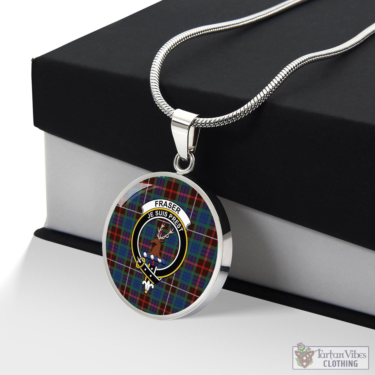 Tartan Vibes Clothing Fraser Hunting Ancient Tartan Circle Necklace with Family Crest