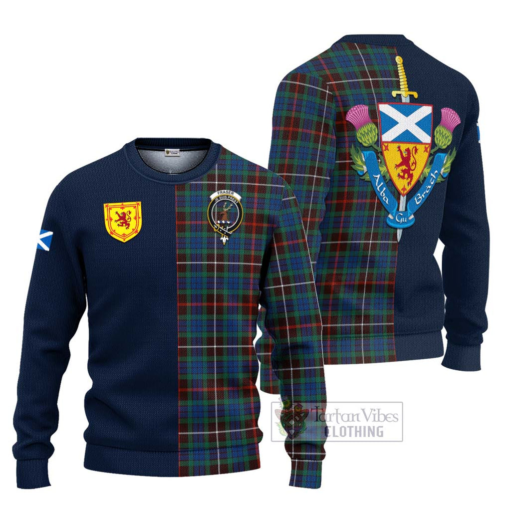 Tartan Vibes Clothing Fraser Hunting Ancient Tartan Knitted Sweater with Scottish Lion Royal Arm Half Style