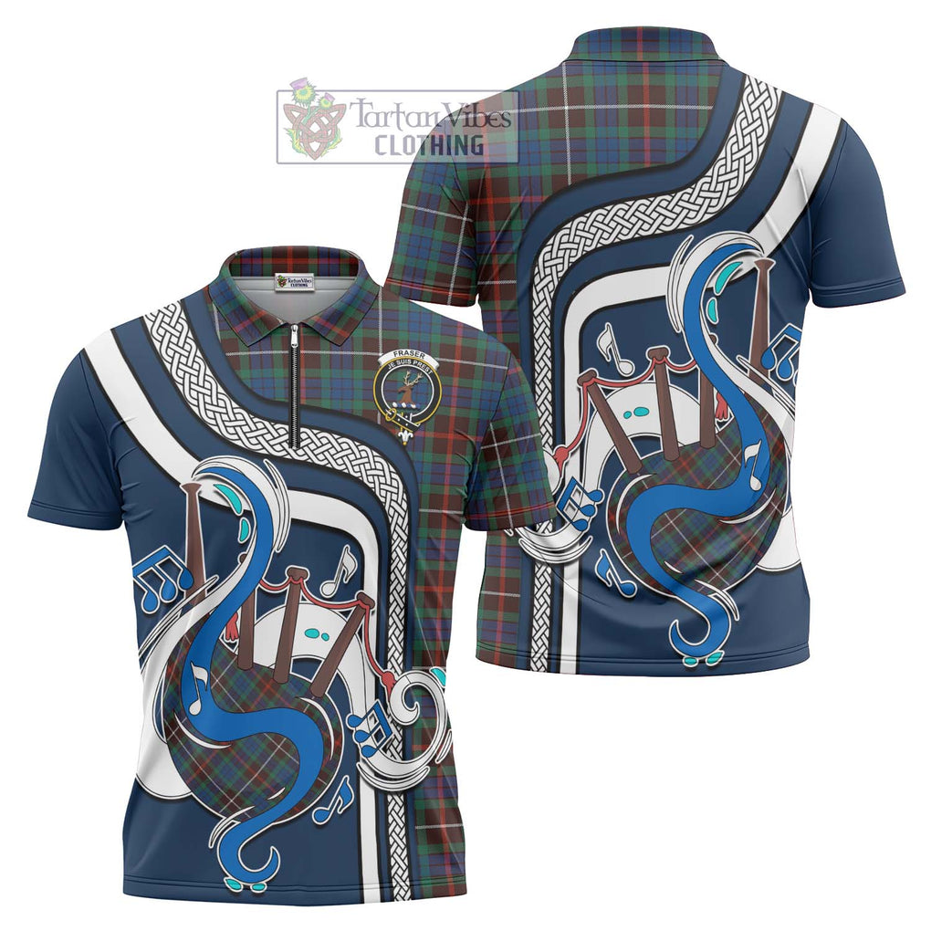 Fraser Hunting Ancient Tartan Zipper Polo Shirt with Epic Bagpipe Style Unisex - Tartanvibesclothing Shop