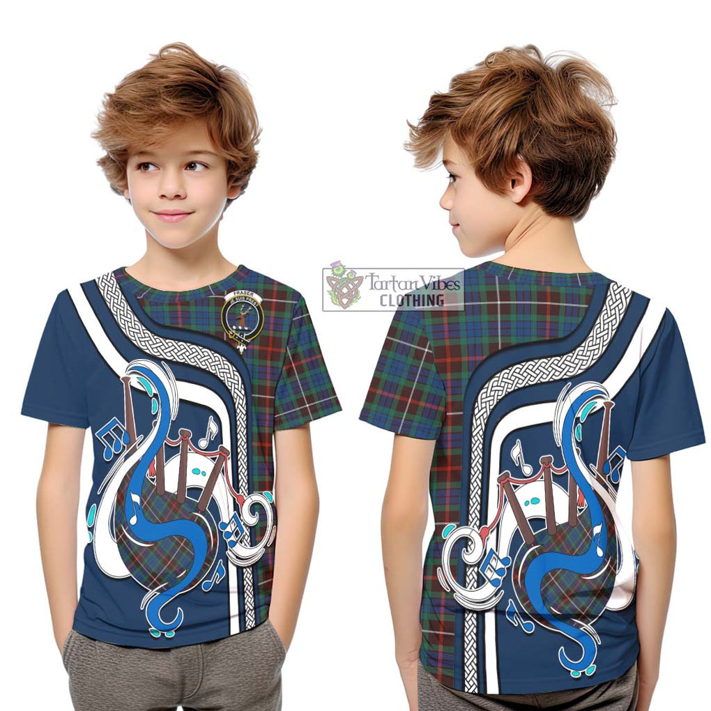 Tartan Vibes Clothing Fraser Hunting Ancient Tartan Kid T-Shirt with Epic Bagpipe Style