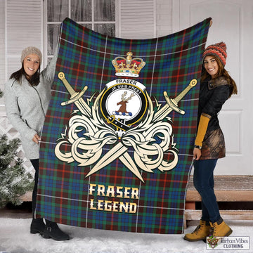 Fraser Hunting Ancient Tartan Blanket with Clan Crest and the Golden Sword of Courageous Legacy