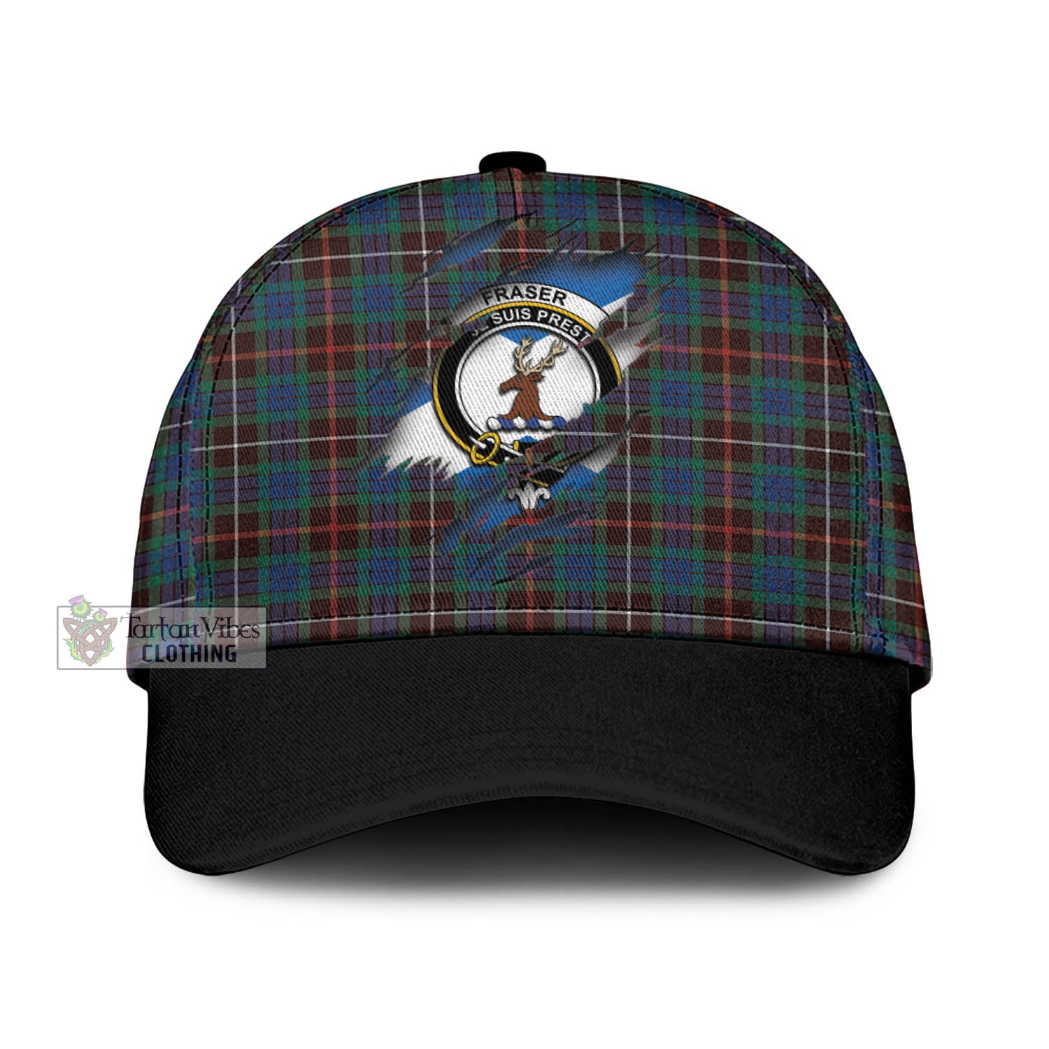 Tartan Vibes Clothing Fraser Hunting Ancient Tartan Classic Cap with Family Crest In Me Style