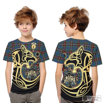 Fraser Hunting Ancient Tartan Kid T-Shirt with Family Crest Celtic Wolf Style