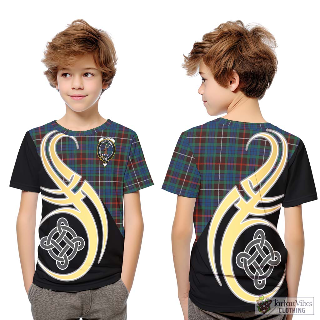 Fraser Hunting Ancient Tartan Kid T-Shirt with Family Crest and Celtic Symbol Style Youth XL Size14 - Tartan Vibes Clothing