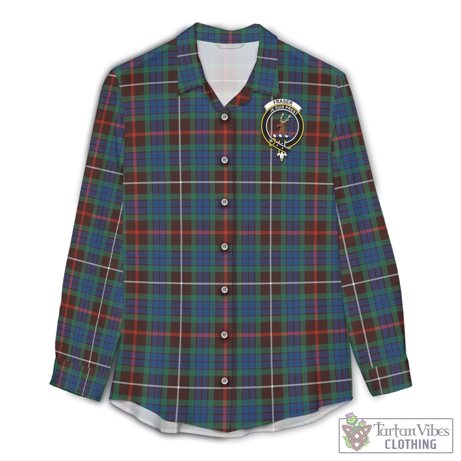 Tartan Vibes Clothing Fraser Hunting Ancient Tartan Womens Casual Shirt with Family Crest