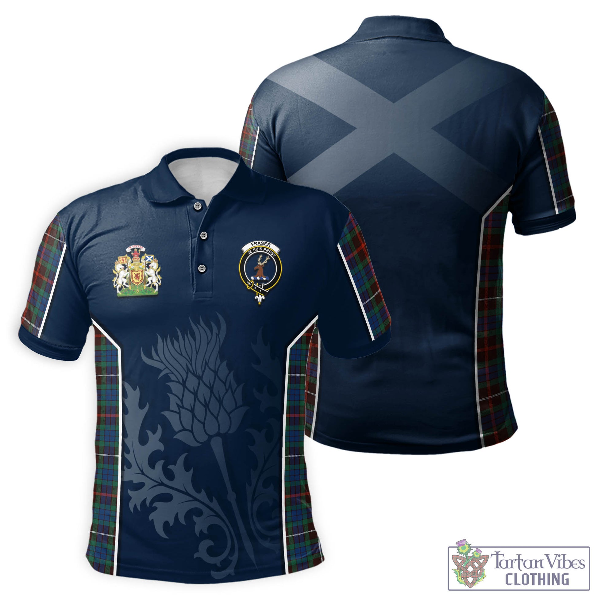 Tartan Vibes Clothing Fraser Hunting Ancient Tartan Men's Polo Shirt with Family Crest and Scottish Thistle Vibes Sport Style