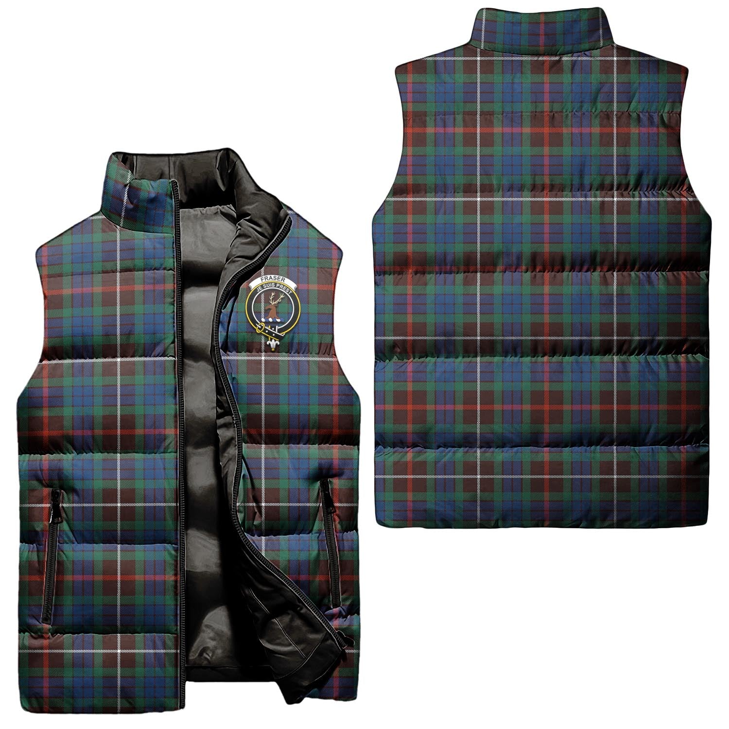 Fraser Hunting Ancient Tartan Sleeveless Puffer Jacket with Family Crest Unisex - Tartanvibesclothing