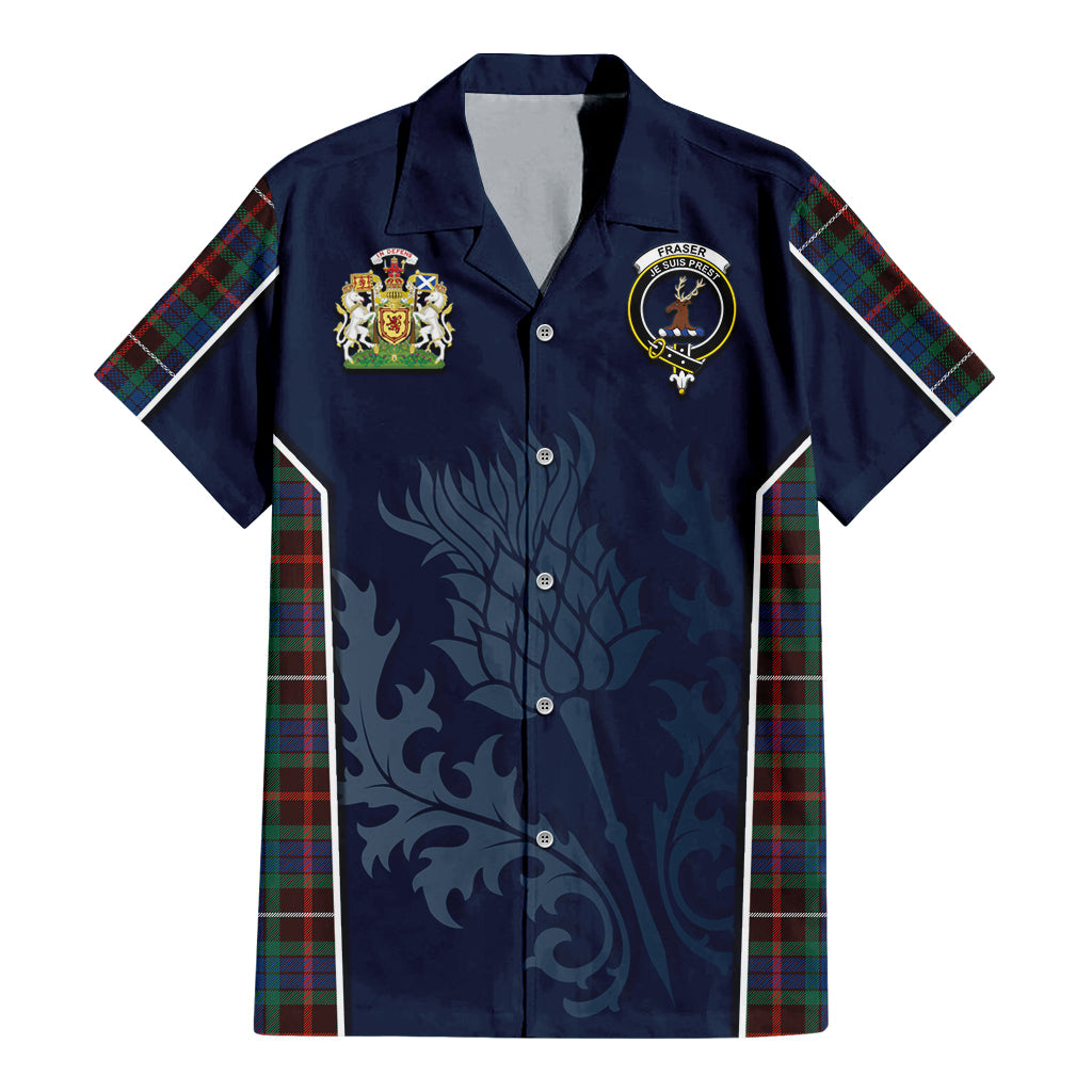 Tartan Vibes Clothing Fraser Hunting Ancient Tartan Short Sleeve Button Up Shirt with Family Crest and Scottish Thistle Vibes Sport Style