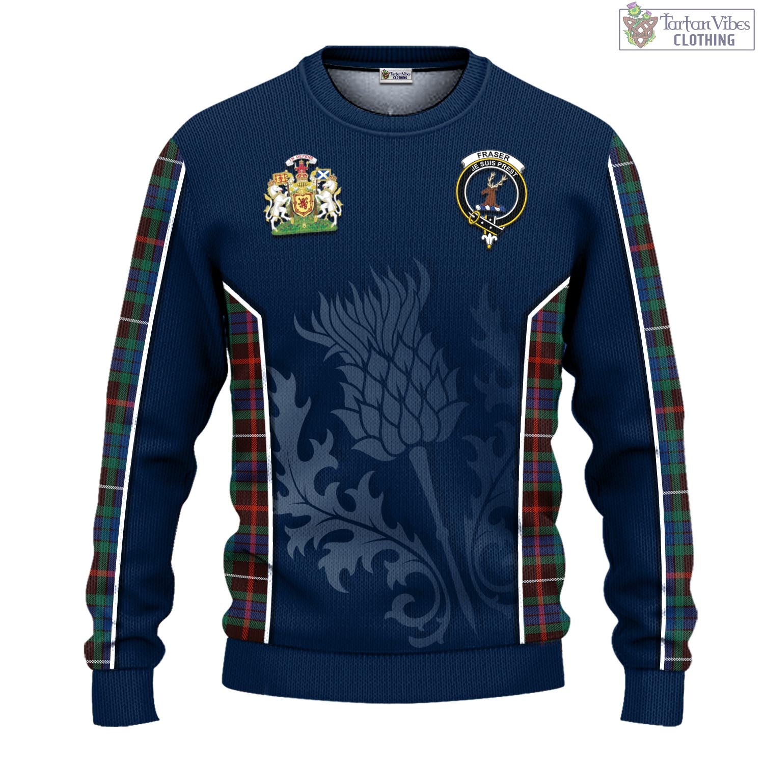 Tartan Vibes Clothing Fraser Hunting Ancient Tartan Knitted Sweatshirt with Family Crest and Scottish Thistle Vibes Sport Style