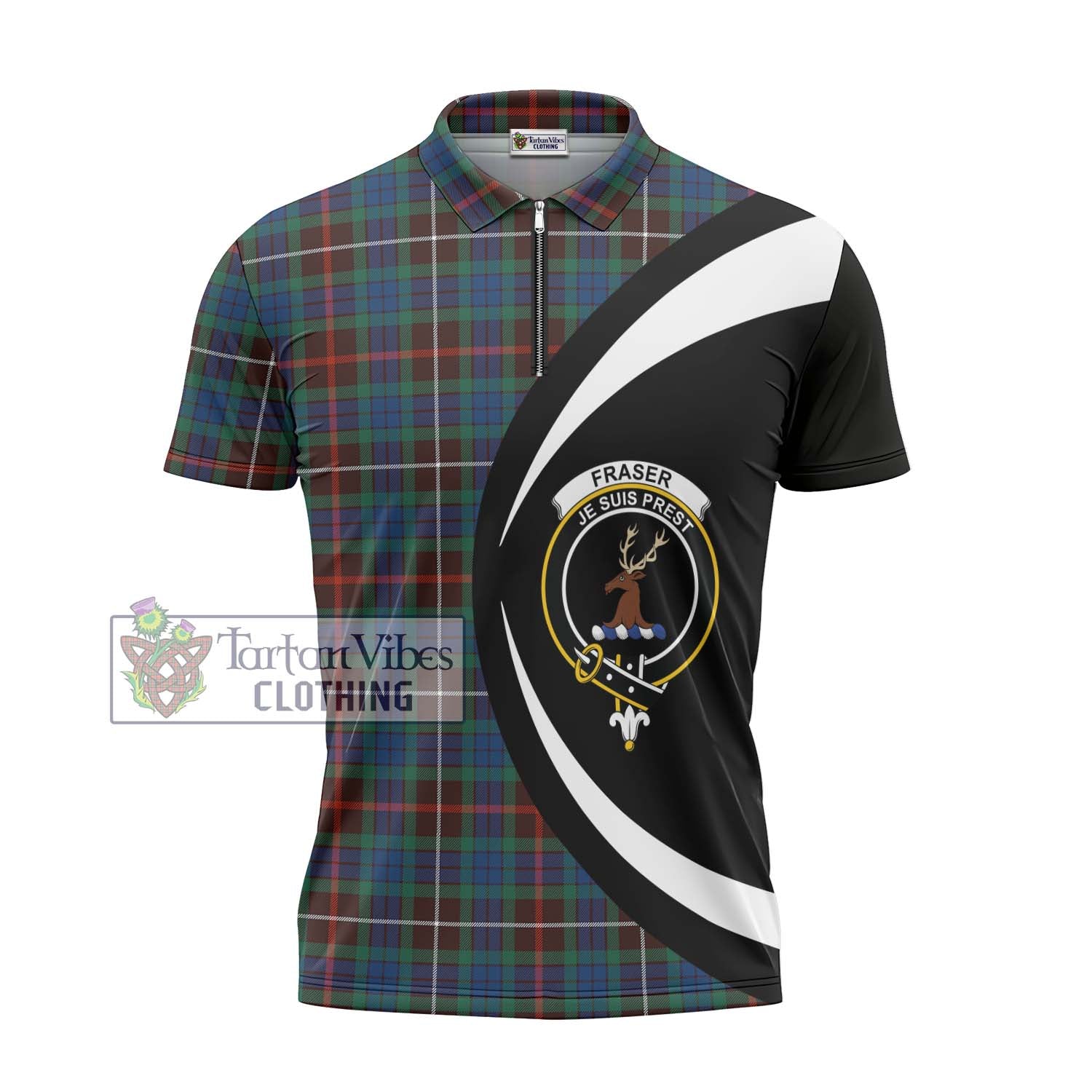 Tartan Vibes Clothing Fraser Hunting Ancient Tartan Zipper Polo Shirt with Family Crest Circle Style