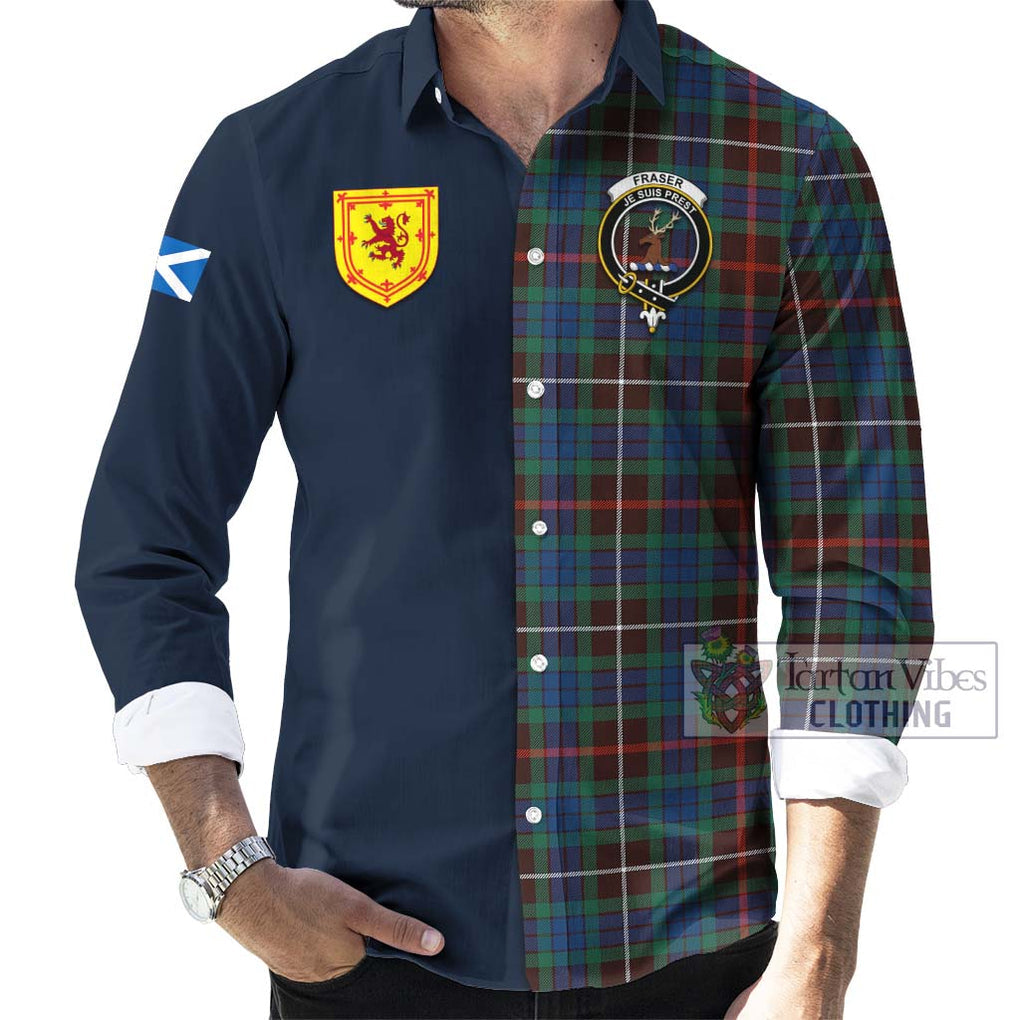 Tartan Vibes Clothing Fraser Hunting Ancient Tartan Long Sleeve Button Shirt with Scottish Lion Royal Arm Half Style