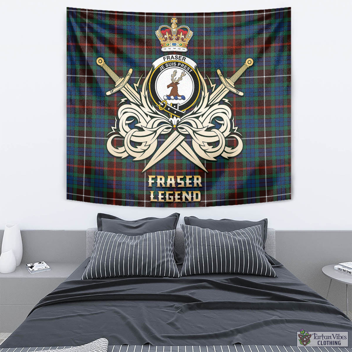 Tartan Vibes Clothing Fraser Hunting Ancient Tartan Tapestry with Clan Crest and the Golden Sword of Courageous Legacy