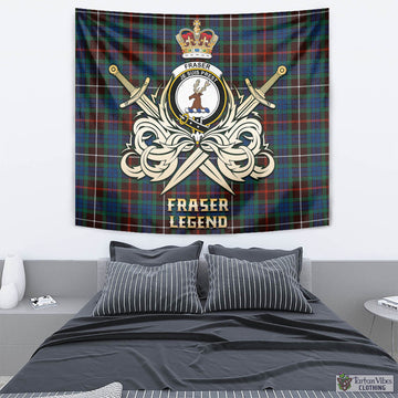 Fraser Hunting Ancient Tartan Tapestry with Clan Crest and the Golden Sword of Courageous Legacy