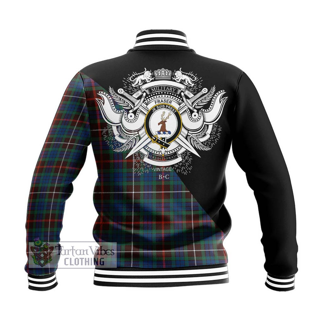 Fraser Hunting Ancient Tartan Baseball Jacket with Family Crest and Military Logo Style - Tartanvibesclothing Shop