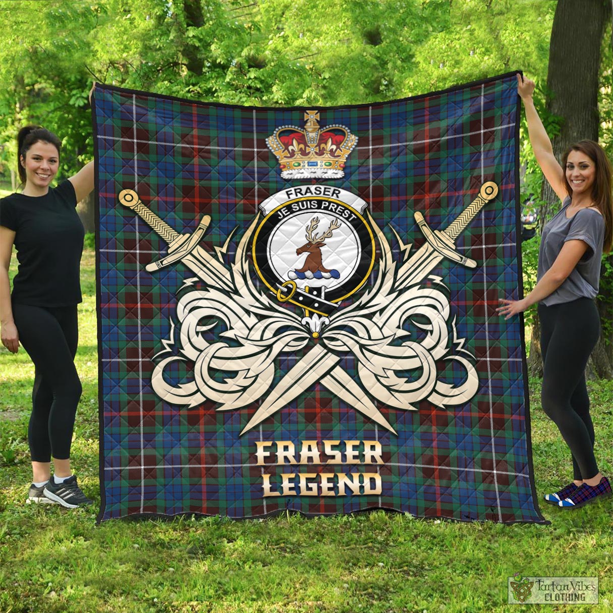 Tartan Vibes Clothing Fraser Hunting Ancient Tartan Quilt with Clan Crest and the Golden Sword of Courageous Legacy