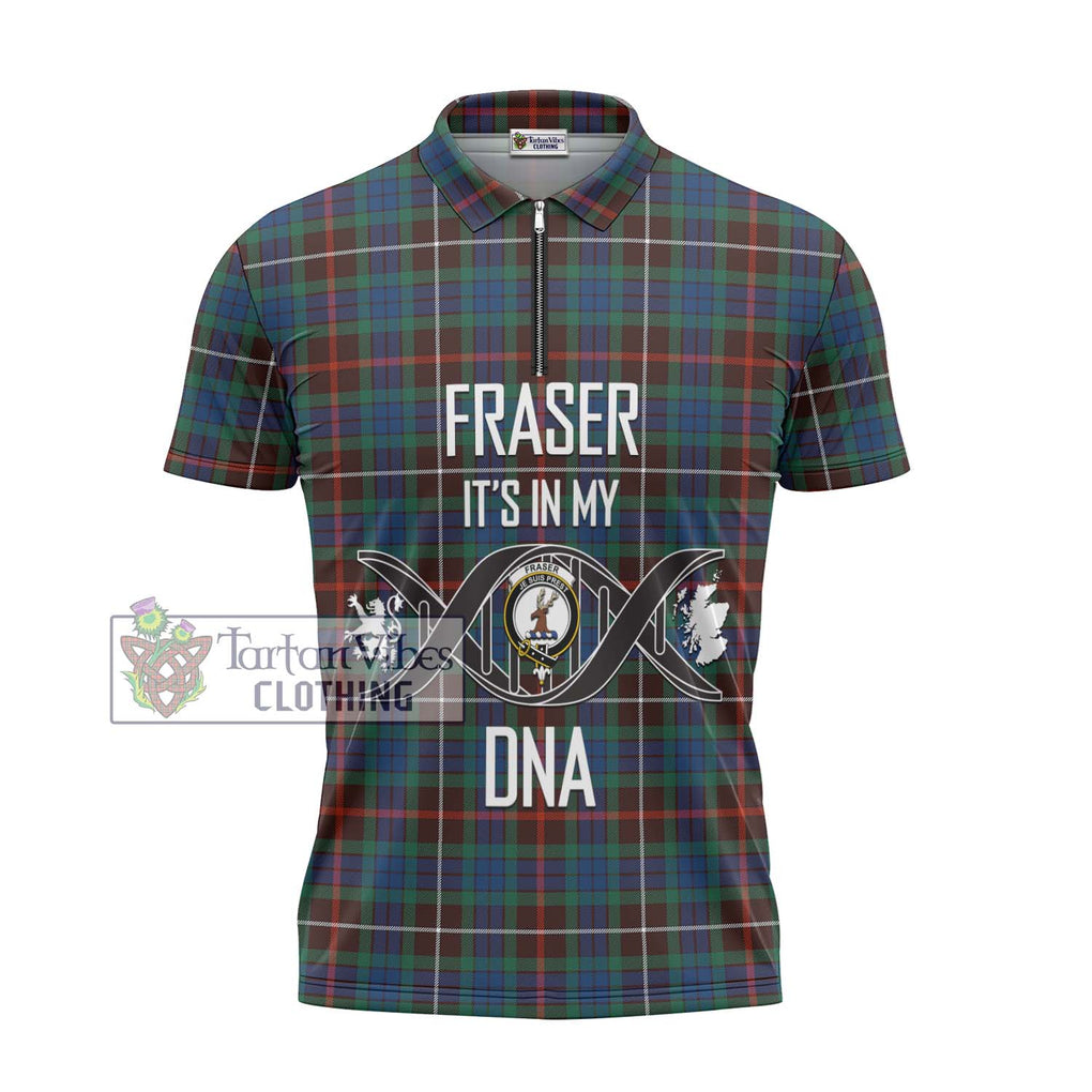 Fraser Hunting Ancient Tartan Zipper Polo Shirt with Family Crest DNA In Me Style - Tartanvibesclothing Shop