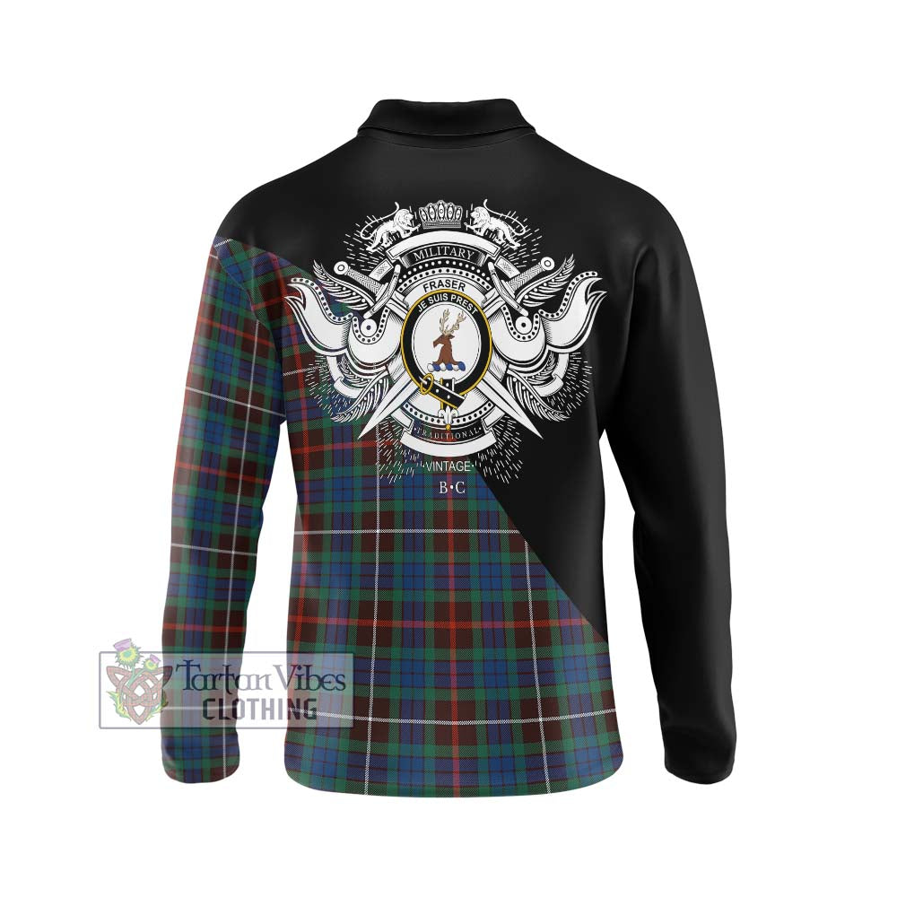 Fraser Hunting Ancient Tartan Long Sleeve Polo Shirt with Family Crest and Military Logo Style - Tartanvibesclothing Shop