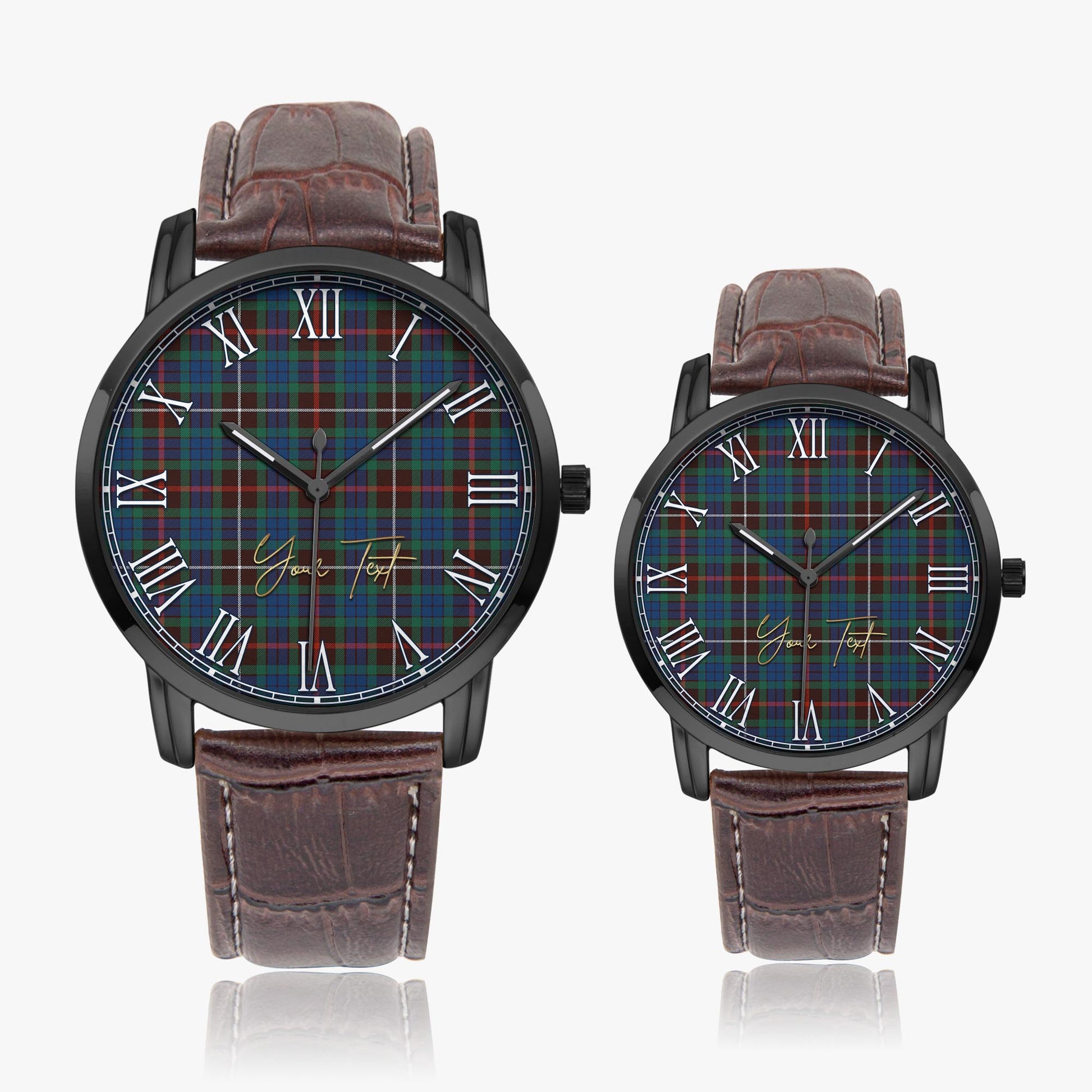 Fraser Hunting Ancient Tartan Personalized Your Text Leather Trap Quartz Watch Wide Type Black Case With Brown Leather Strap - Tartanvibesclothing