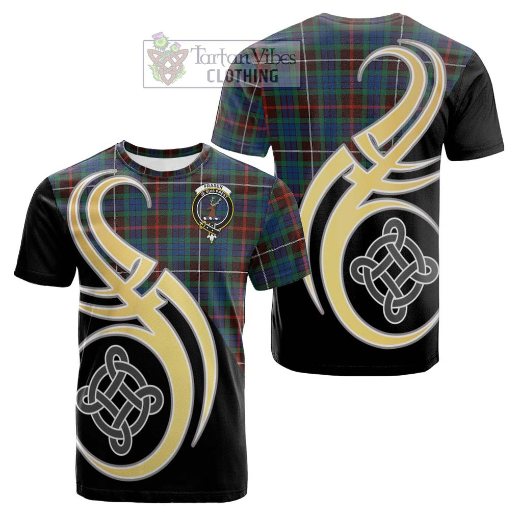 Tartan Vibes Clothing Fraser Hunting Ancient Tartan Cotton T-shirt with Family Crest and Celtic Symbol Style