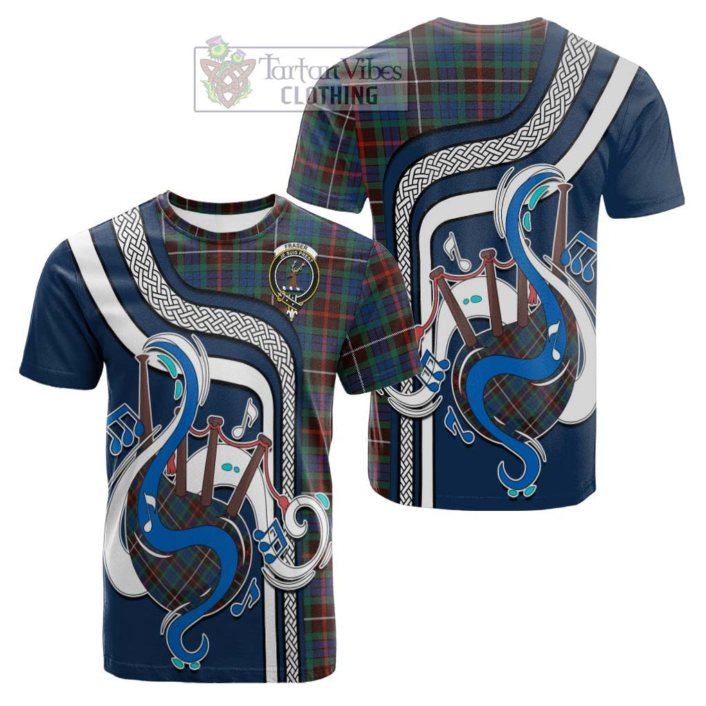 Tartan Vibes Clothing Fraser Hunting Ancient Tartan Cotton T-shirt with Epic Bagpipe Style