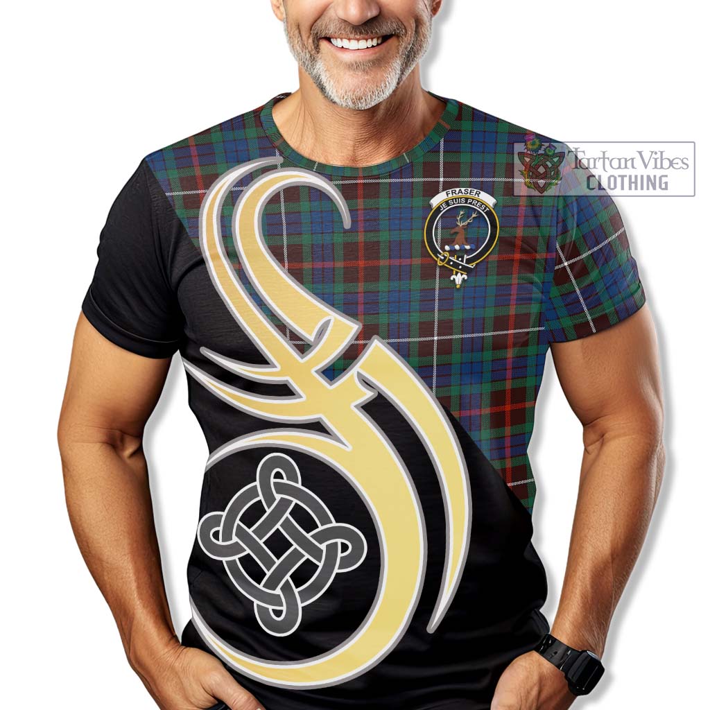 Tartan Vibes Clothing Fraser Hunting Ancient Tartan T-Shirt with Family Crest and Celtic Symbol Style