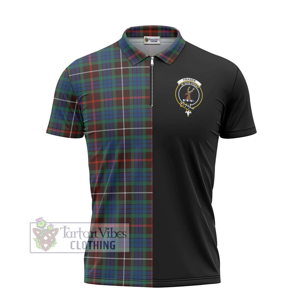 Fraser Hunting Ancient Tartan Zipper Polo Shirt with Family Crest and Half Of Me Style - Tartanvibesclothing Shop