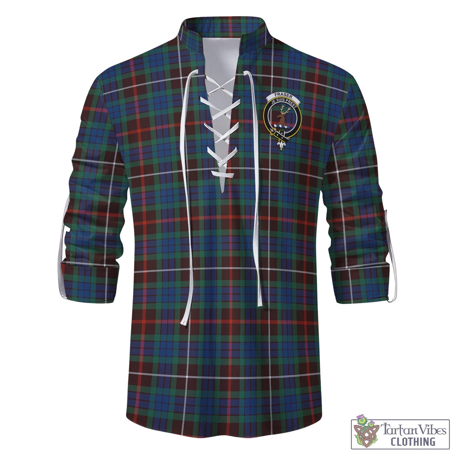 Tartan Vibes Clothing Fraser Hunting Ancient Tartan Men's Scottish Traditional Jacobite Ghillie Kilt Shirt with Family Crest