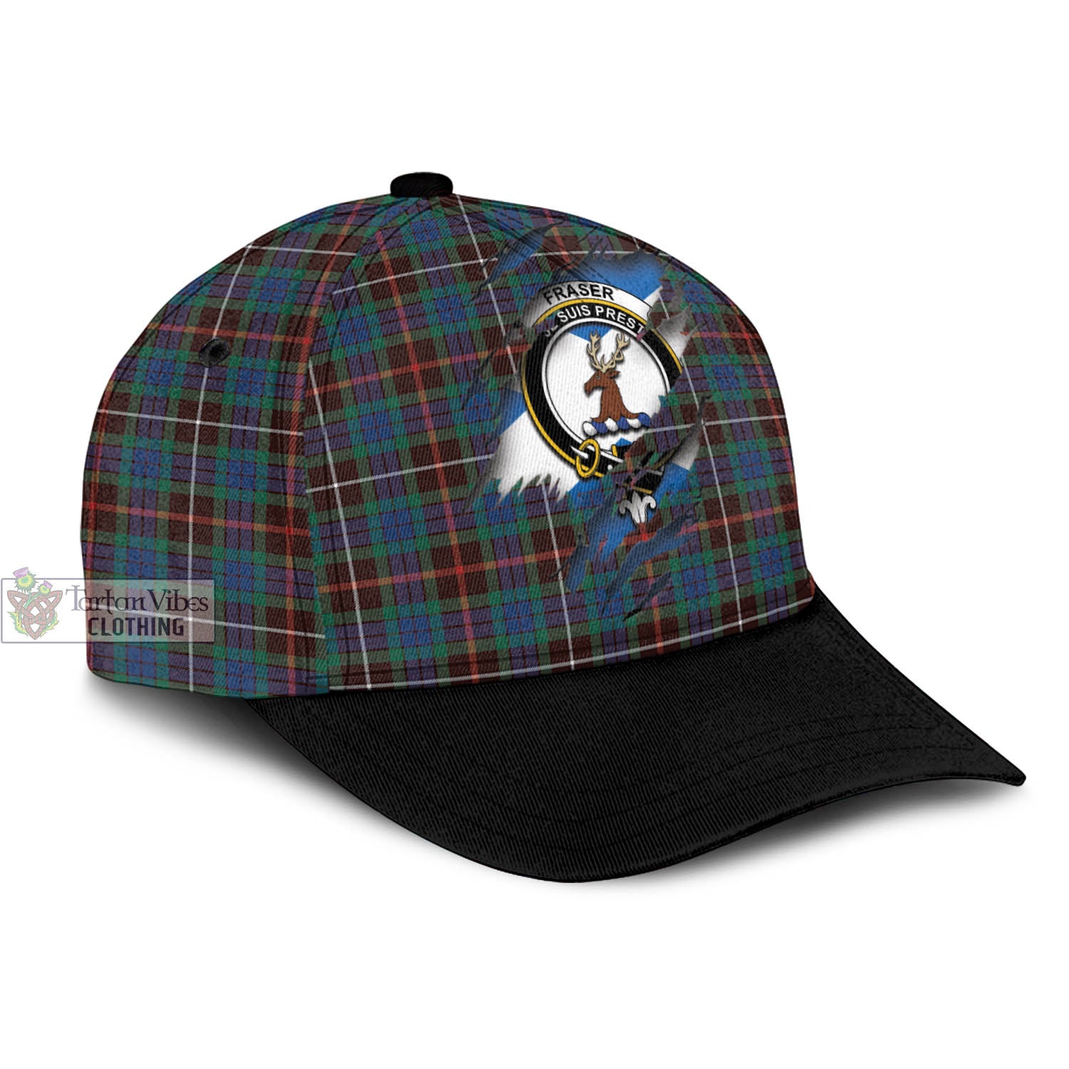 Tartan Vibes Clothing Fraser Hunting Ancient Tartan Classic Cap with Family Crest In Me Style