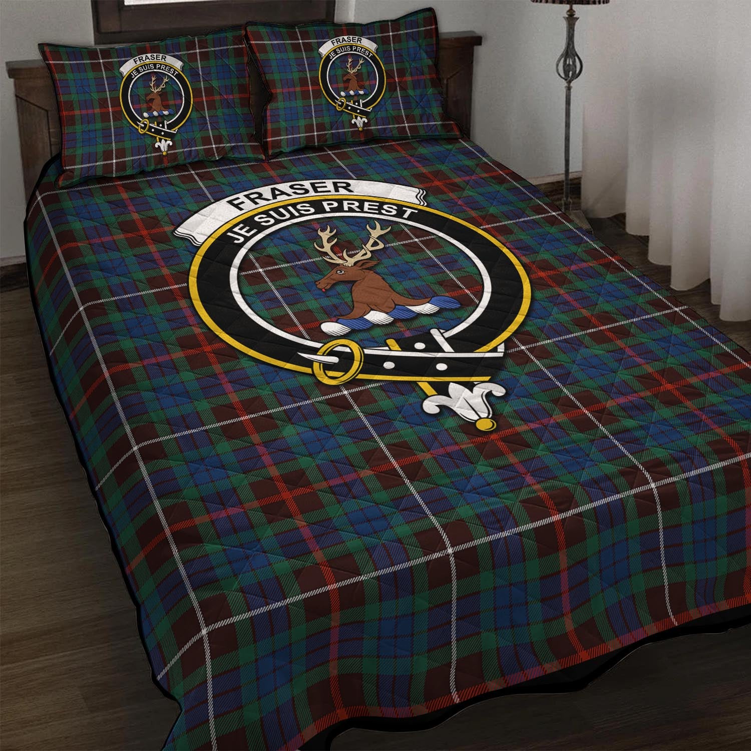 Fraser Hunting Ancient Tartan Quilt Bed Set with Family Crest - Tartan Vibes Clothing