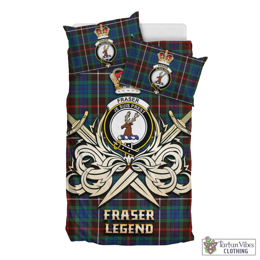 Tartan Vibes Clothing Fraser Hunting Ancient Tartan Bedding Set with Clan Crest and the Golden Sword of Courageous Legacy