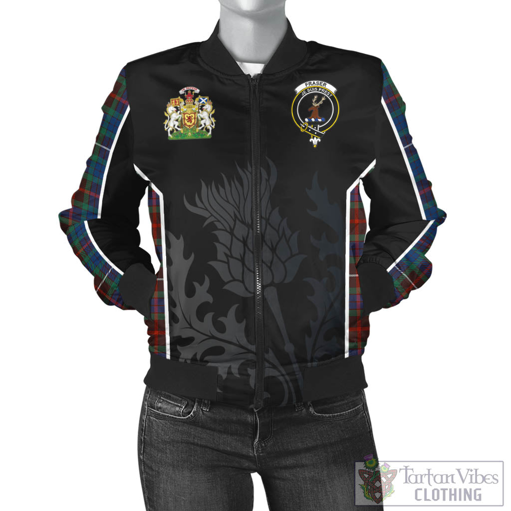 Tartan Vibes Clothing Fraser Hunting Ancient Tartan Bomber Jacket with Family Crest and Scottish Thistle Vibes Sport Style