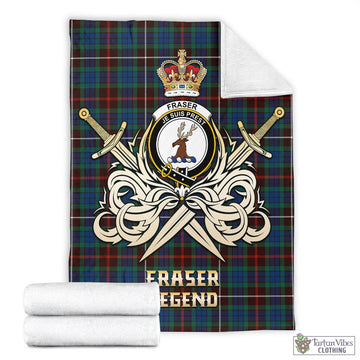 Fraser Hunting Ancient Tartan Blanket with Clan Crest and the Golden Sword of Courageous Legacy