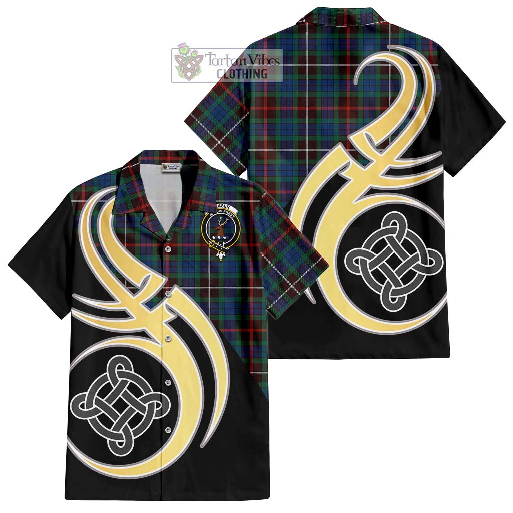 Fraser Hunting Ancient Tartan Short Sleeve Button Shirt with Family Crest and Celtic Symbol Style - Tartan Vibes Clothing