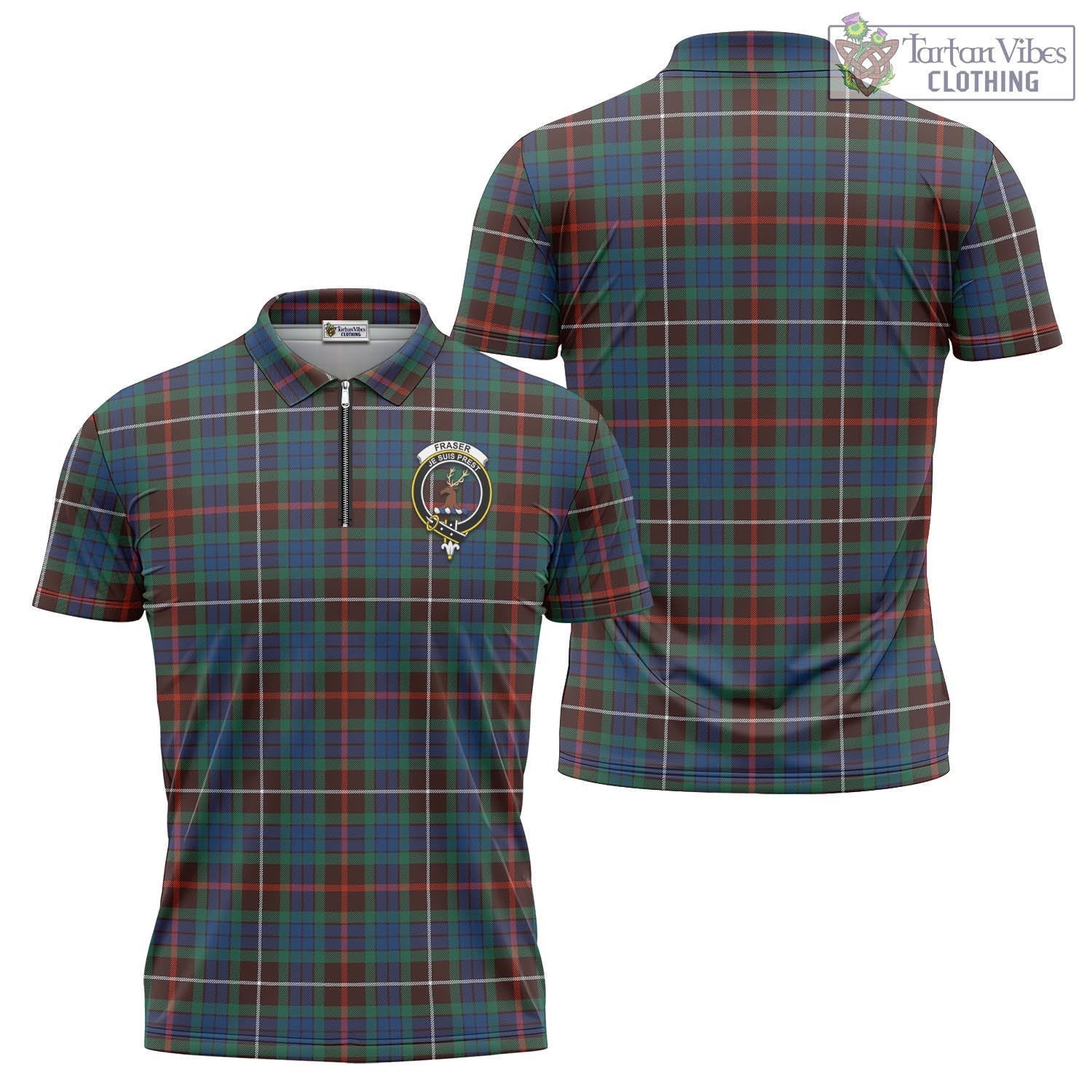 Tartan Vibes Clothing Fraser Hunting Ancient Tartan Zipper Polo Shirt with Family Crest