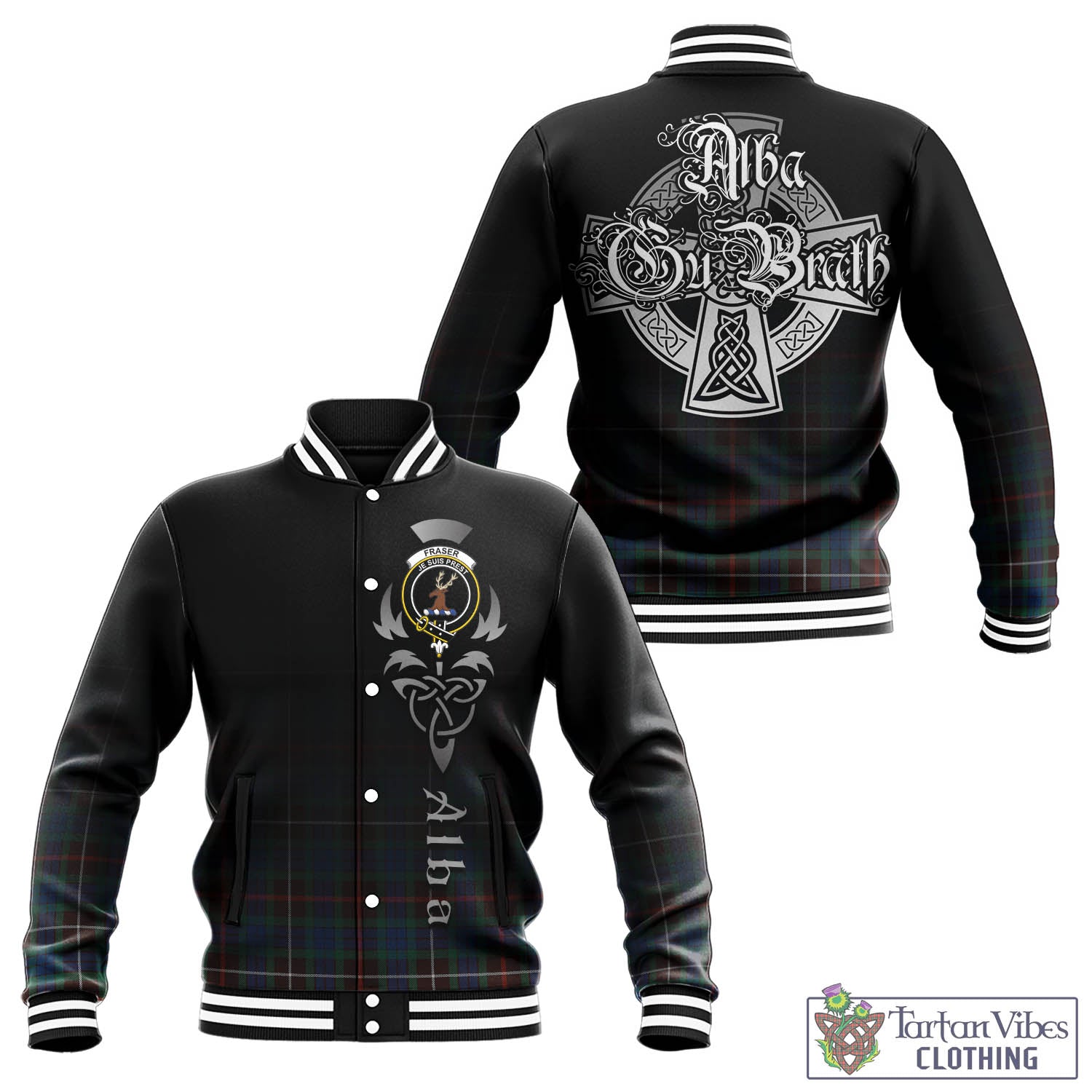 Tartan Vibes Clothing Fraser Hunting Ancient Tartan Baseball Jacket Featuring Alba Gu Brath Family Crest Celtic Inspired