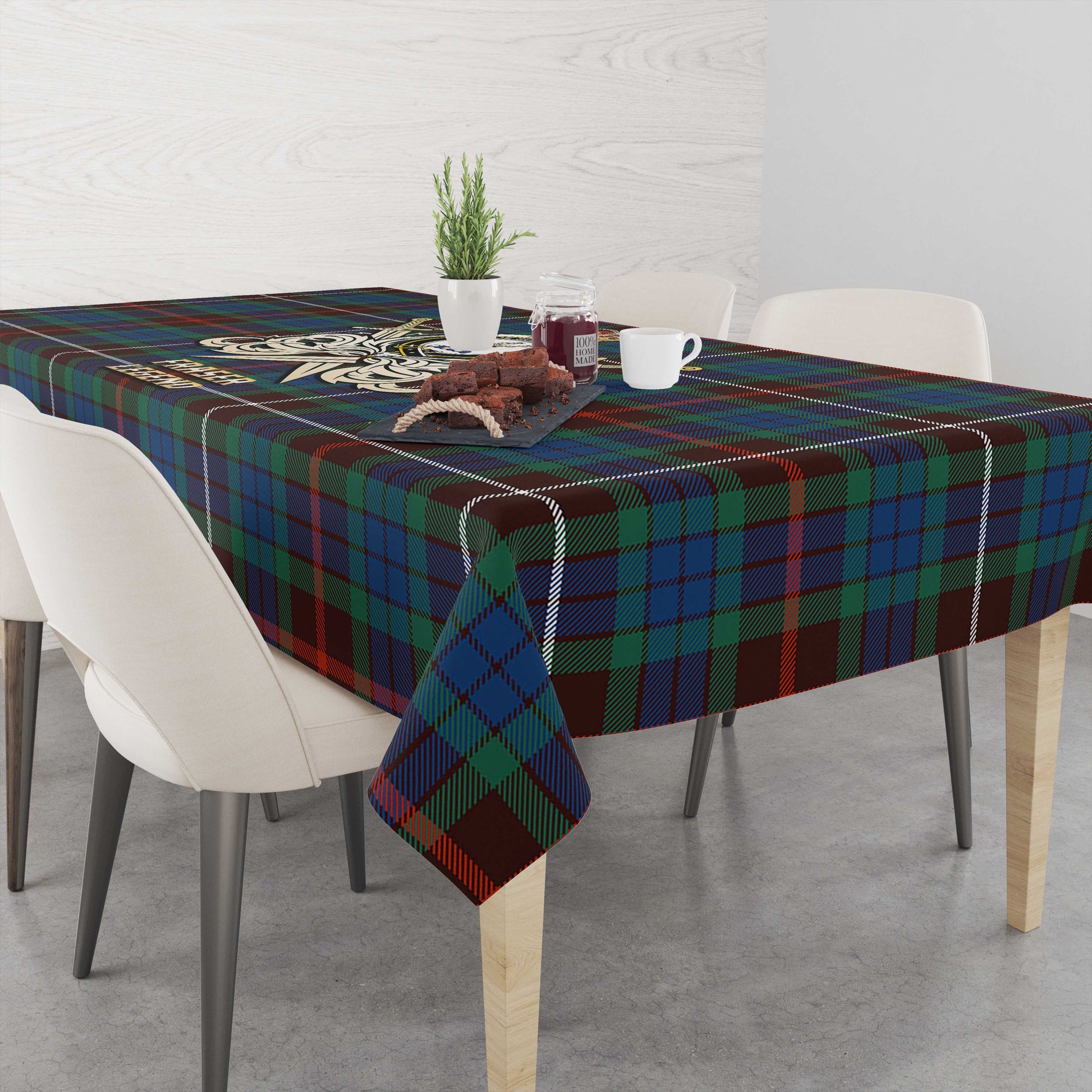 Tartan Vibes Clothing Fraser Hunting Ancient Tartan Tablecloth with Clan Crest and the Golden Sword of Courageous Legacy